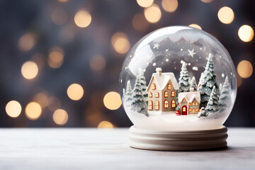 Fototapeta na wymiar Magical Winter Snow Globe with Festive Village Scene, Perfect for Christmas Holiday Backgrounds. Dark Background with Bokeh Effect. AI Generative