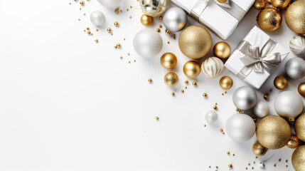 Christmas baubles, intricately wrapped gifts, and shimmering beads scattered on a pristine white background.