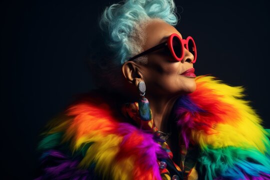 High Fashion Studio Portrait Of Beautiful Old Woman Wears Sunglasses And Colorful Fur Coat