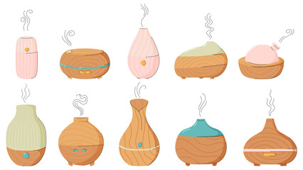 Electric aroma diffusers of different designs. Healthy lifestyle, self care. Relax time, aromatherapy. Modern hand drawn style. Big set of cute items.