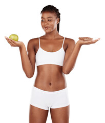 Chocolate, apple and black woman a choice in diet, health or decision in transparent, isolated or...