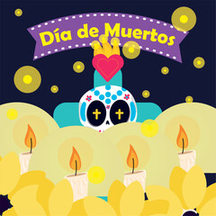 Dia de los muertos poster with candles and a skull Vector