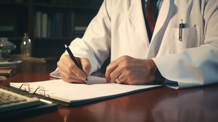 Mature doctor write prescription, healthcare and medicine. Handsome serious medical person wear white coat. Hospital ward background. Health care specialist. Young adult nurse career. Human hands. - obrazy, fototapety, plakaty
