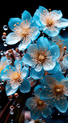 Apple flowers carry fantastic droplets, shimmering on blue petals like morning dew, embodying spring's freshness