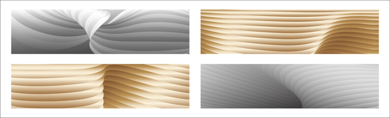 Wavy silver and gold parallel gradient lines, ribbons, silk. Set of 4 backgrounds. Black and white with shades of gray or golden silk. Banner, poster. eps vector