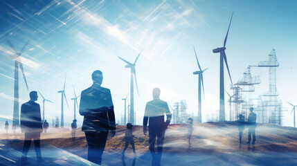 Businesspeople walk amidst towering skyscrapers and wind turbines, representing a harmonious blend of urban development and sustainable energy.