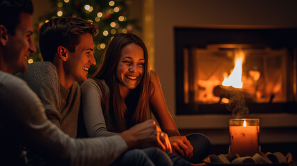 Friends are enjoying a cozy evening by a fireplace, laughing and chatting in a festively decorated living room during the holidays. - obrazy, fototapety, plakaty