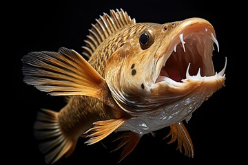 A predatory toothy yellow fish opened its mouth. Close-up. Generated by AI.