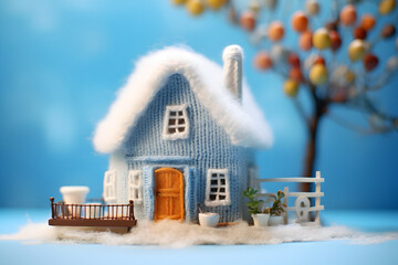knitted house, winter woolen house, house miniature, festive Christmas decoration, knitted things, wool decorations