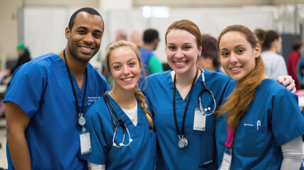 Healthcare professionals in blue scrubs, wearing stethoscopes and ID badges, smile warmly as they stand together in a tented medical setting.