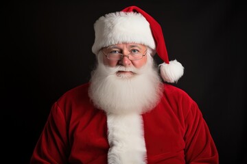 Portrait of a pensive Santa Claus in glasses looking at the camera on a black background close up