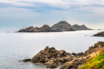 Rocky Coastline. Sanguinaire islands and Parata Tower in Corsica. Near Ajaccio in the Mediterranean Sea, Torra Ghjinuvesa di a Parata, Corsica, France