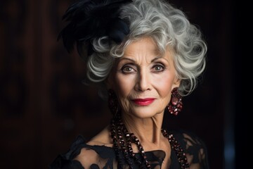 Beautiful 80 years old senior woman wears black retro style dress and red lipstick. Dark background