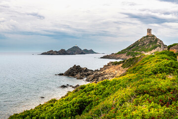 Rocky Coastline. Sanguinaire islands and Parata Tower in Corsica. Near Ajaccio in the Mediterranean Sea, Torra Ghjinuvesa di a Parata, Corsica, France