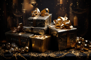 Fototapeta na wymiar Golden christmas gift boxes in magic lights on dark background