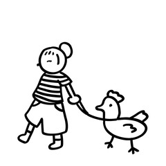 A girl in a stripe shirt with her pet duck behind her on a white background 