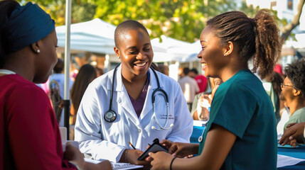 Smiling women interact at an outdoor community health event with tents and other attendees in the background.