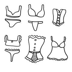 Hand drawn 6 different female underwears on a white background