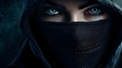 The face of a young female warrior is concealed beneath a dark veil, revealing only her striking, sparkling grey-blue eyes. - obrazy, fototapety, plakaty
