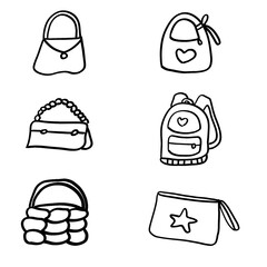 Hand drawn female bags in different designs on a white background
