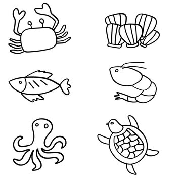 Hand drawn sea animals on a white background : crab, fish, clam, octopus, shrimp and turtles on a white background