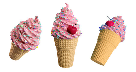Pink cream ice cream with fresh cherries and multicolored topping in a waffle cone. Ice cream in different angles. Refreshing sweets for a summer party.