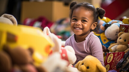 A joyful child with a wide smile is surrounded by boxes filled with colorful stuffed toys