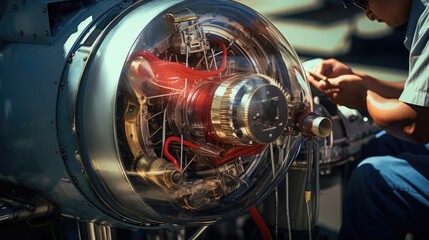 A design engineer creates an engine for an airplane - obrazy, fototapety, plakaty
