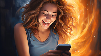 The youthful female, guffawing, perused something humorous on her mobile device, displaying her blissful and jocund disposition.