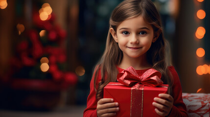 Obraz na płótnie Canvas A joyful child with curly hair, dressed in red, holds a Christmas gift with a sparkling bokeh light background.