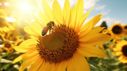 Naklejka premium Bee Collecting Honey from Yellow Flower, Macro Photography, Summer and Spring Background.