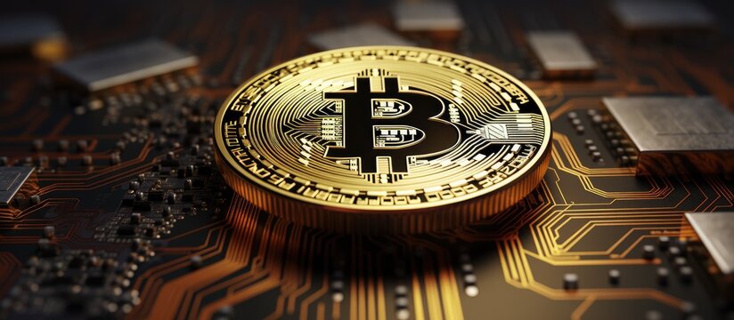 A scene featuring a gold ring and bitcoin placed on a golden background