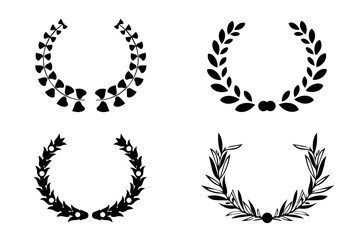 Black laurel wreath frame icon in white background. Circular laurel foliate, wheat and olive wreaths depicting an award, achievement, heraldry, nobility. Vector illustration
