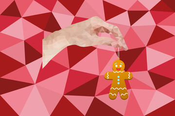 Collage banner with hand with gingerbread Man in triangle abstract technique. 