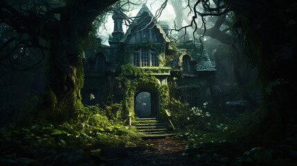 The abandoned abode, wreathed in creepers, caused nostalgic and ghostly impressions.