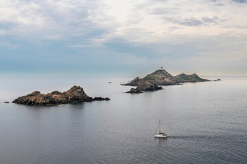 Rocky Coastline. Sanguinaire islands and Parata Tower in Corsica. Near Ajaccio in the Mediterranean Sea, Torra Ghjinuvesa di a Parata, Corsica, France