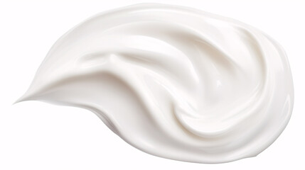A blob of white creamy substance, similar to hair conditioner, facial retinol serum or shampoo, lying atop a white background, is presented from a top view.