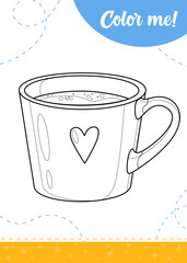 Coloring page for kids with coffee cup.
A printable worksheet, vector illustration.