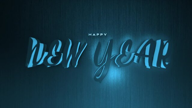 Dark monochrome Happy New Year text on blue gradient. Futuristic business promos and seasonal festivities, motion abstract background adds a modern, sophisticated twist to traditional celebrations