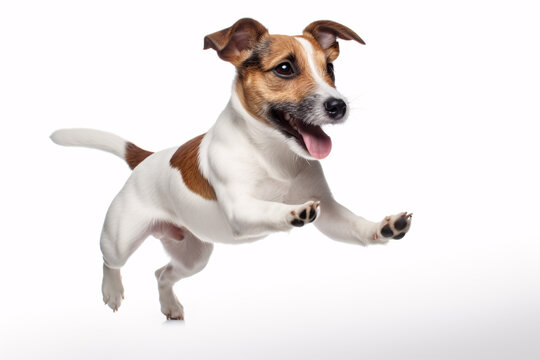 A cheerful Jack Russell Terrier pup leaping on a white backdrop is depicted.