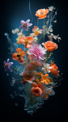 a colorful bouquet of flowers is on top of a dark background