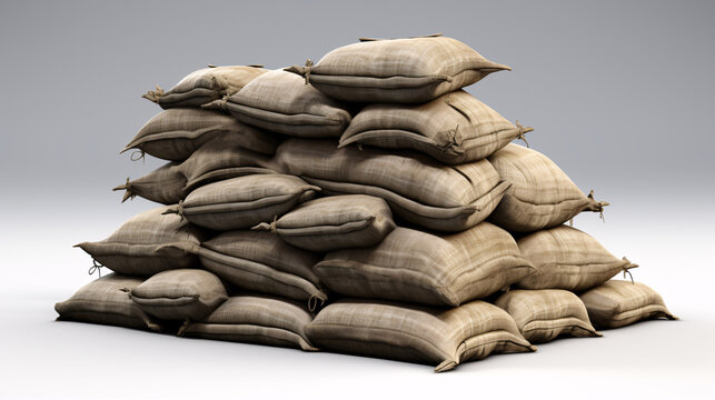 A barricade of stacked sandbags on a pallid backdrop.