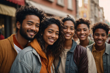 Multiethnic group of happy friends in the street