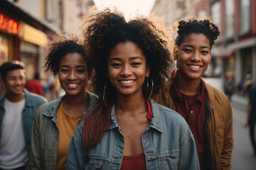 Multiethnic group of happy friends in the street