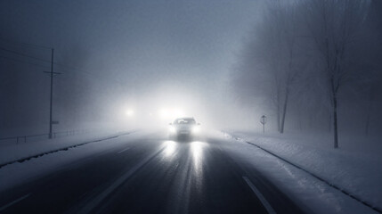 A car ventured through the snowy blizzard, its headlights barely piercing the dismal visibility.