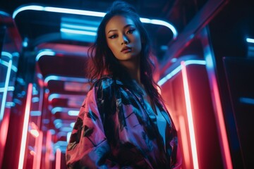 Portrait of young asian fashionable girl in neon lights. A low angle view - obrazy, fototapety, plakaty