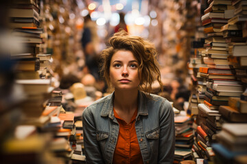 Dispirited woman amidst crowded bookstore reflecting profound emotional vacuum  - obrazy, fototapety, plakaty