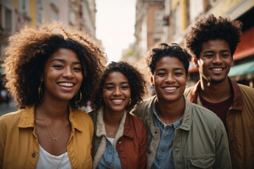 Multiethnic group of happy friends in the street