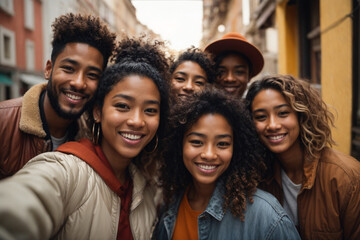 Multiethnic group of happy friends making a selfie with the phone in the street