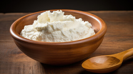 A fresh serving of creamy cottage cheese sits in a wooden bowl, surrounded by rustic textures and greenery for garnish.
